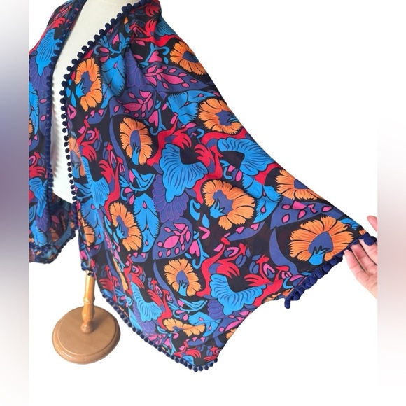 Colleen Lopez Floral Kimono 2X/3X Boho Pom Pom Trim Sheer Cover Up L3 - Picture 3 of 8